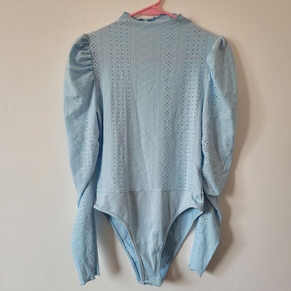 Blue Lace Bodysuit Long Sleeve Ruched Cottagecore Fairy Maiden Soft Girl S - Picture 5 of 9